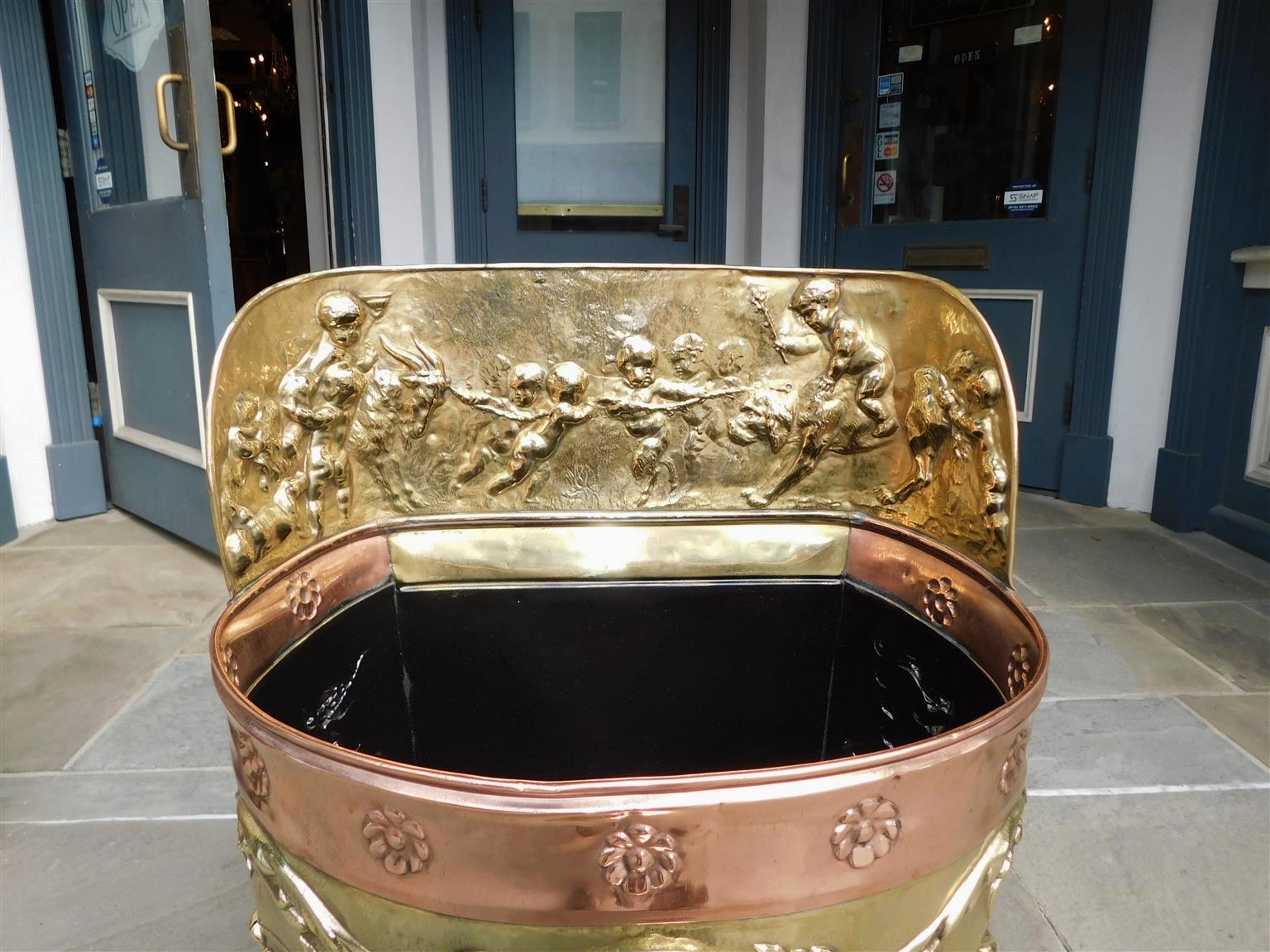 Late 19th Century English Brass & Copper Figural Foliage Medallion Embossed Umbrella Stand, C 1870 For Sale