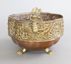 English Brass & Copper Repoussé Footed Cachepot Planter Eagle Handles, c. 1920