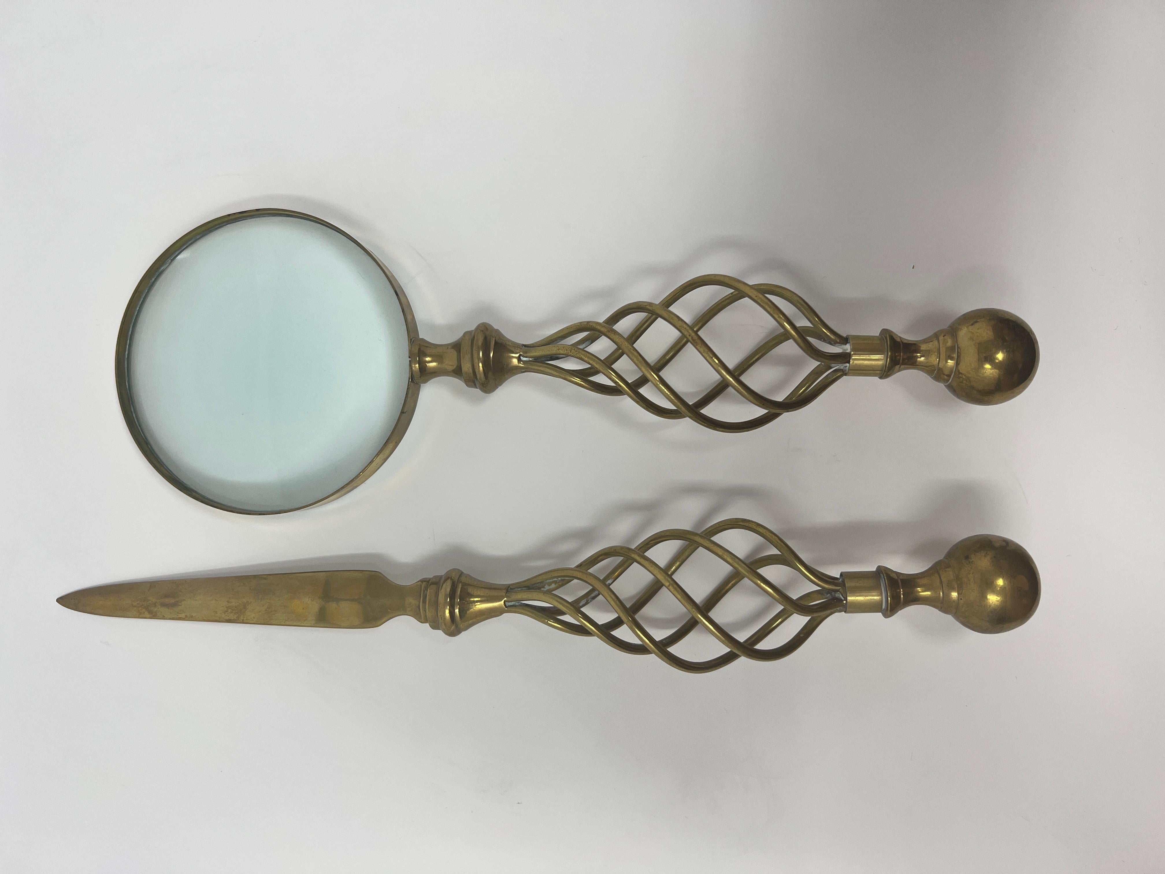 English Brass Desk Set Letter Opener and Magnifying Glass In Good Condition In New Orleans, LA
