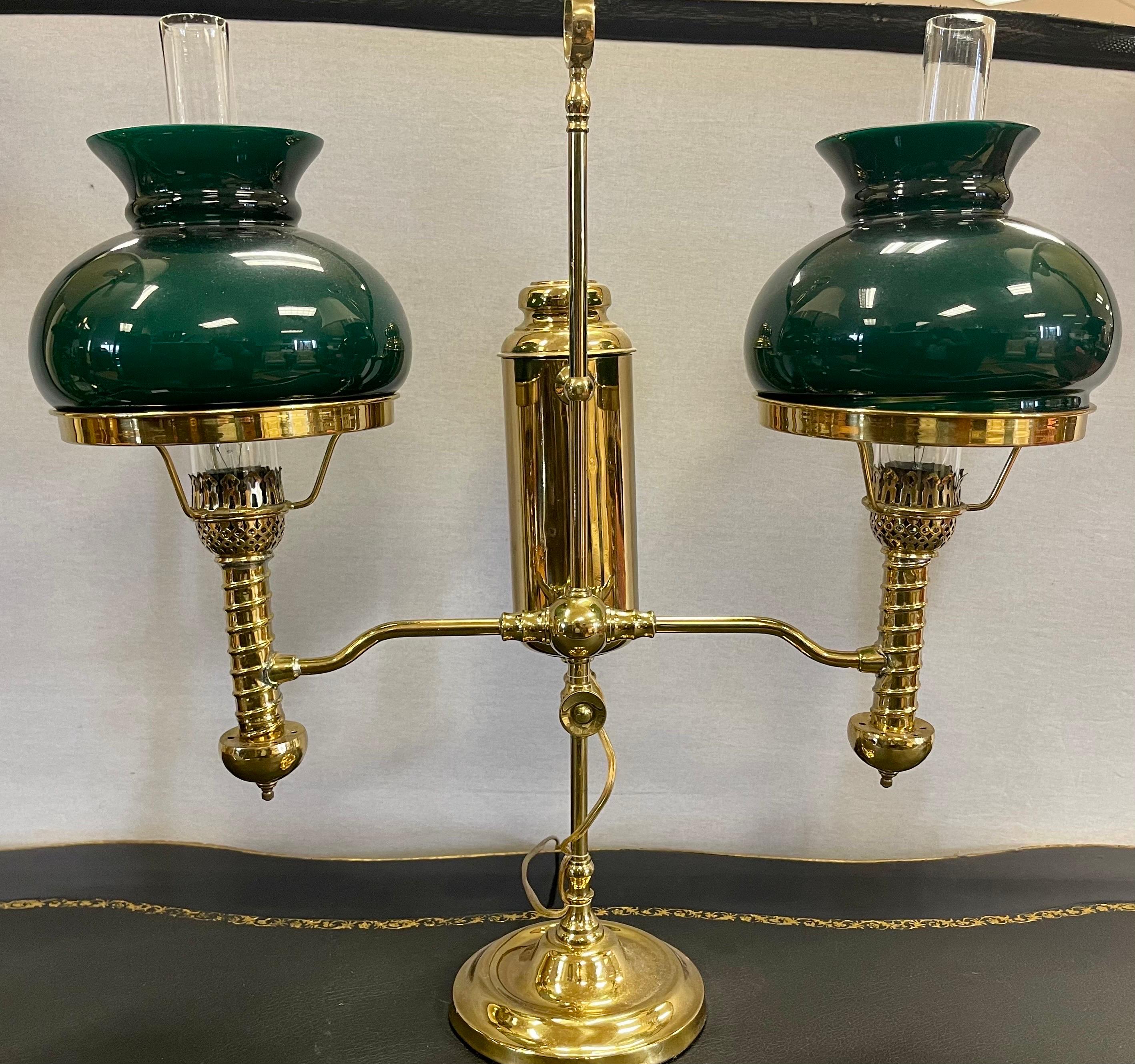 English Brass Double Arm Lamp with Green Hurricanes Glass Shades 2