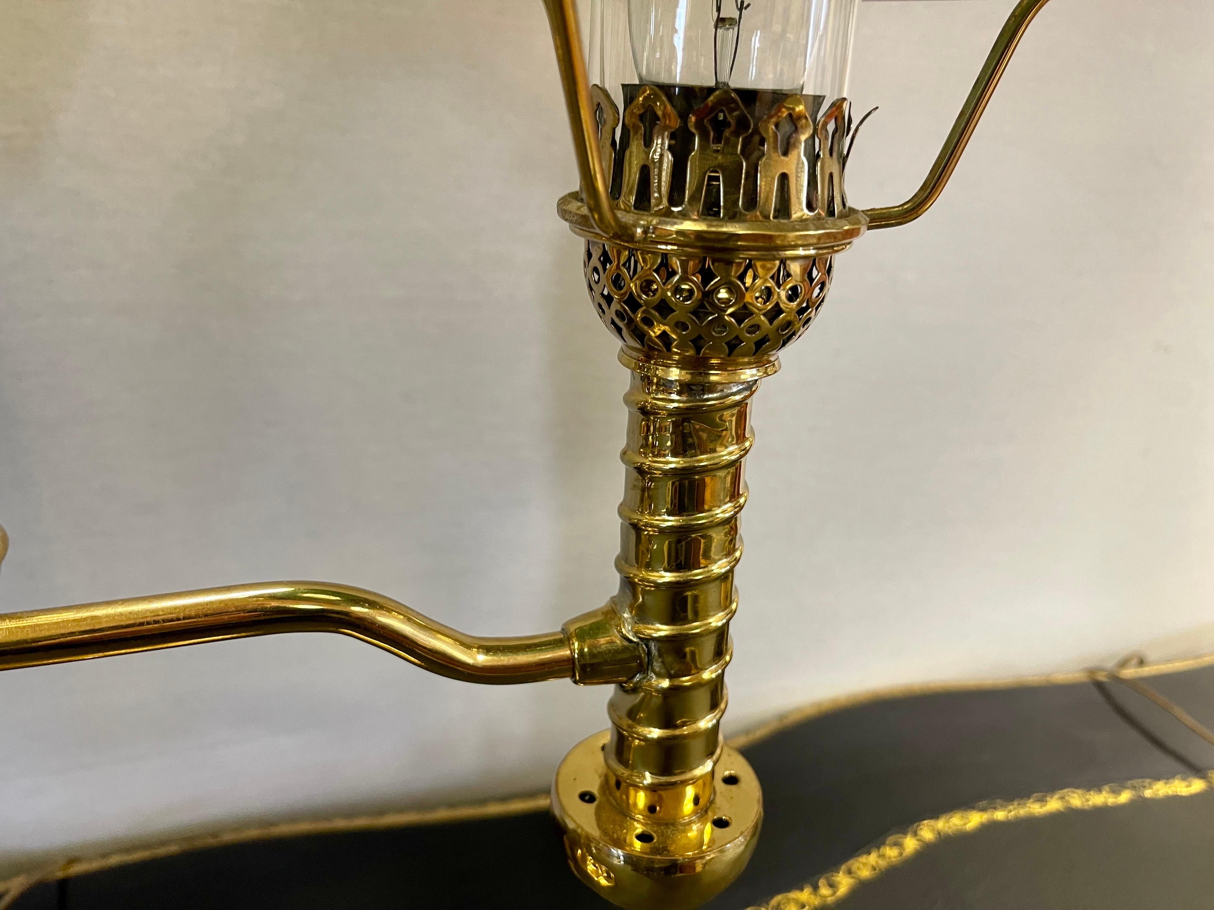20th Century English Brass Double Arm Lamp with Green Hurricanes Glass Shades