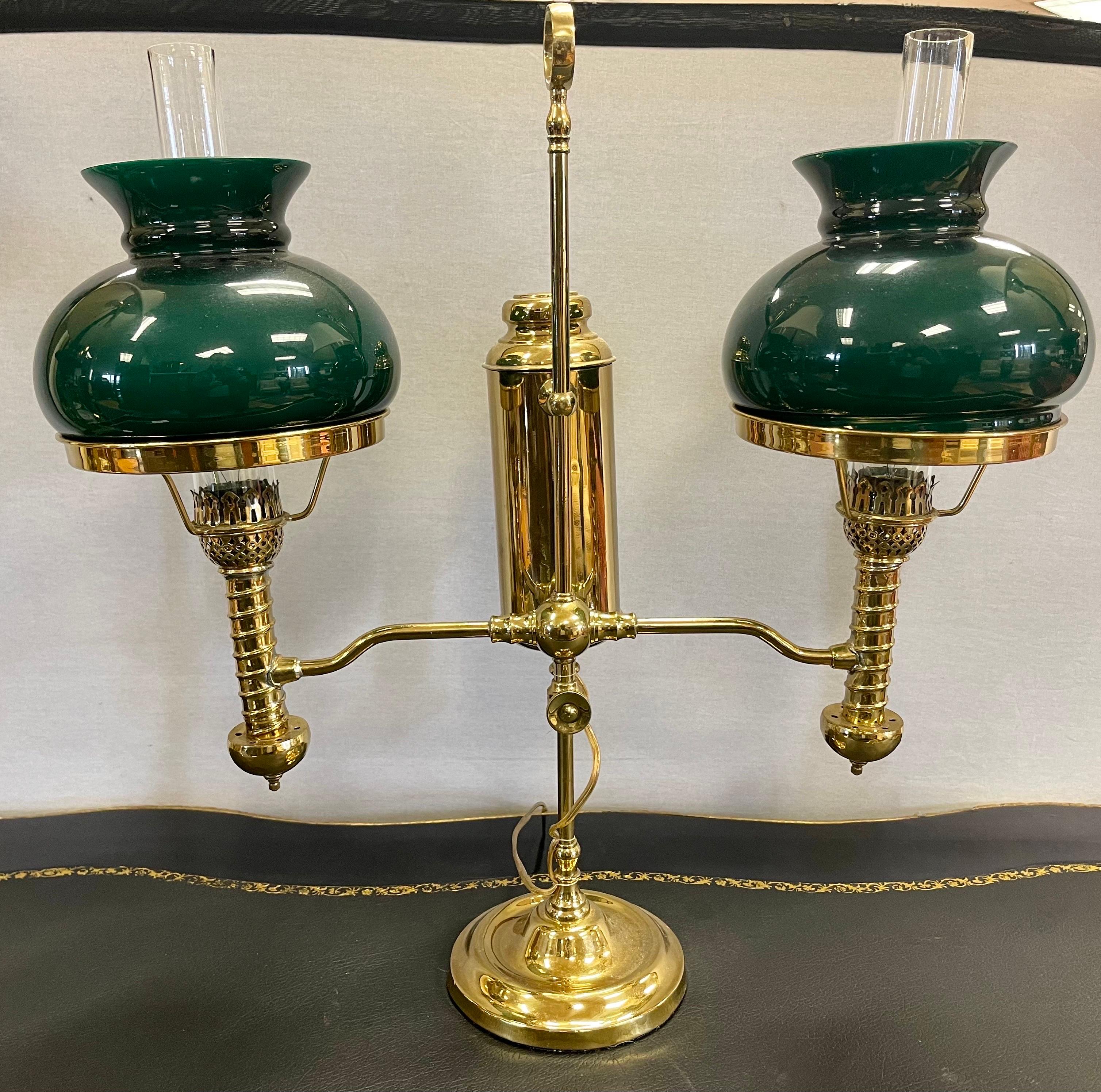 English Brass Double Arm Lamp with Green Hurricanes Glass Shades 1