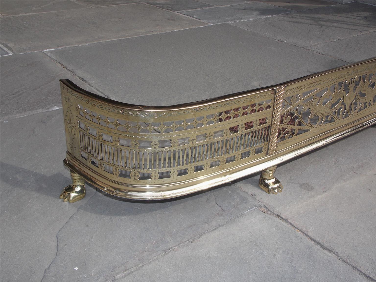 George II English Brass Engraved Phoenix and Pierced Gallery Fire Place Fender, Circa 1750 For Sale