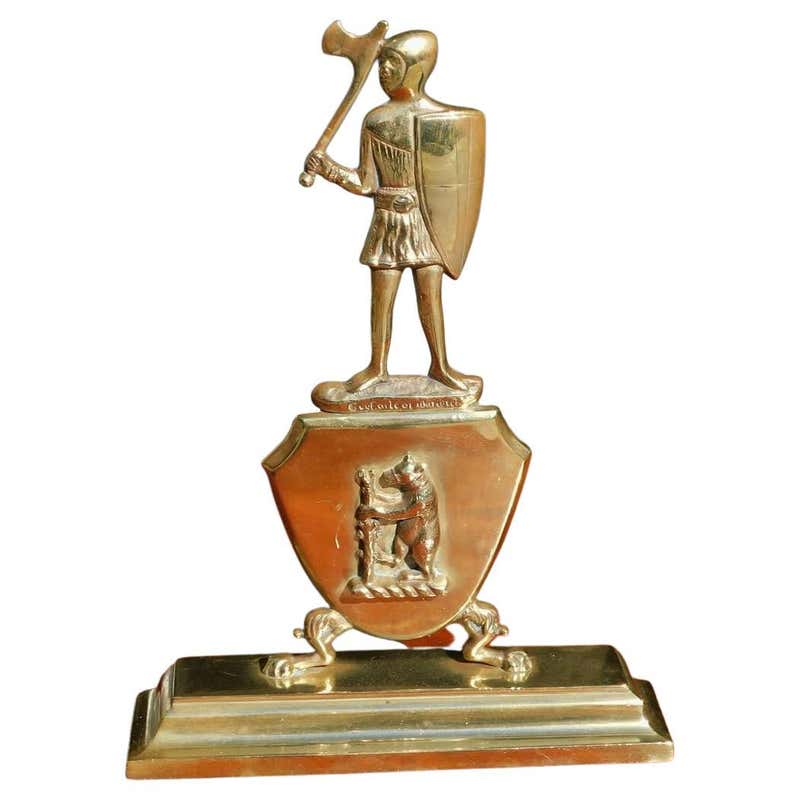 English Brass Figural Knight and Bear Shield Door Stop with Step Back ...