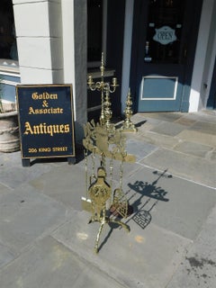 English Brass Flanking Lion Coat of Arms Fire Place Tools on Rope Stand, C. 1840