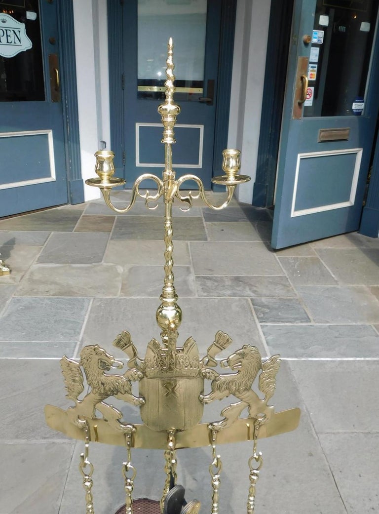William IV English Brass Flanking Lion Coat of Arms Fire Place Tools on Rope Stand, C. 1840 For Sale