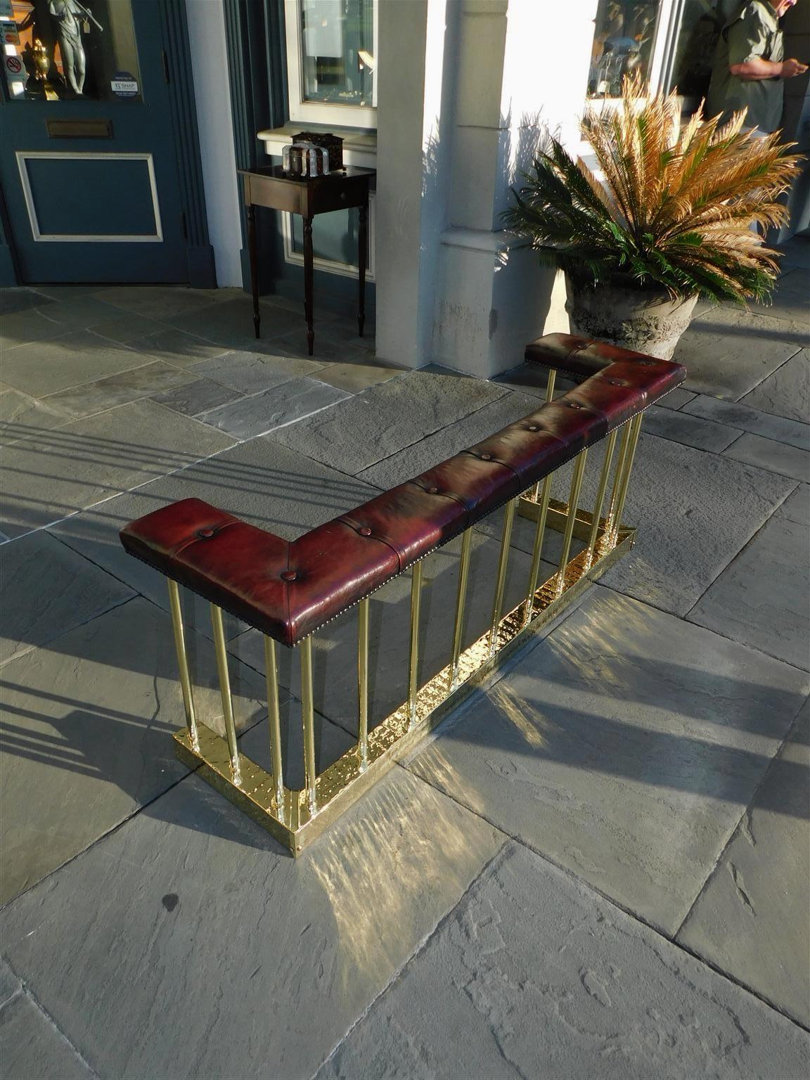 English Brass Gallery and Leather Tufted Club Fire Place Fender, Circa 1830 For Sale 4