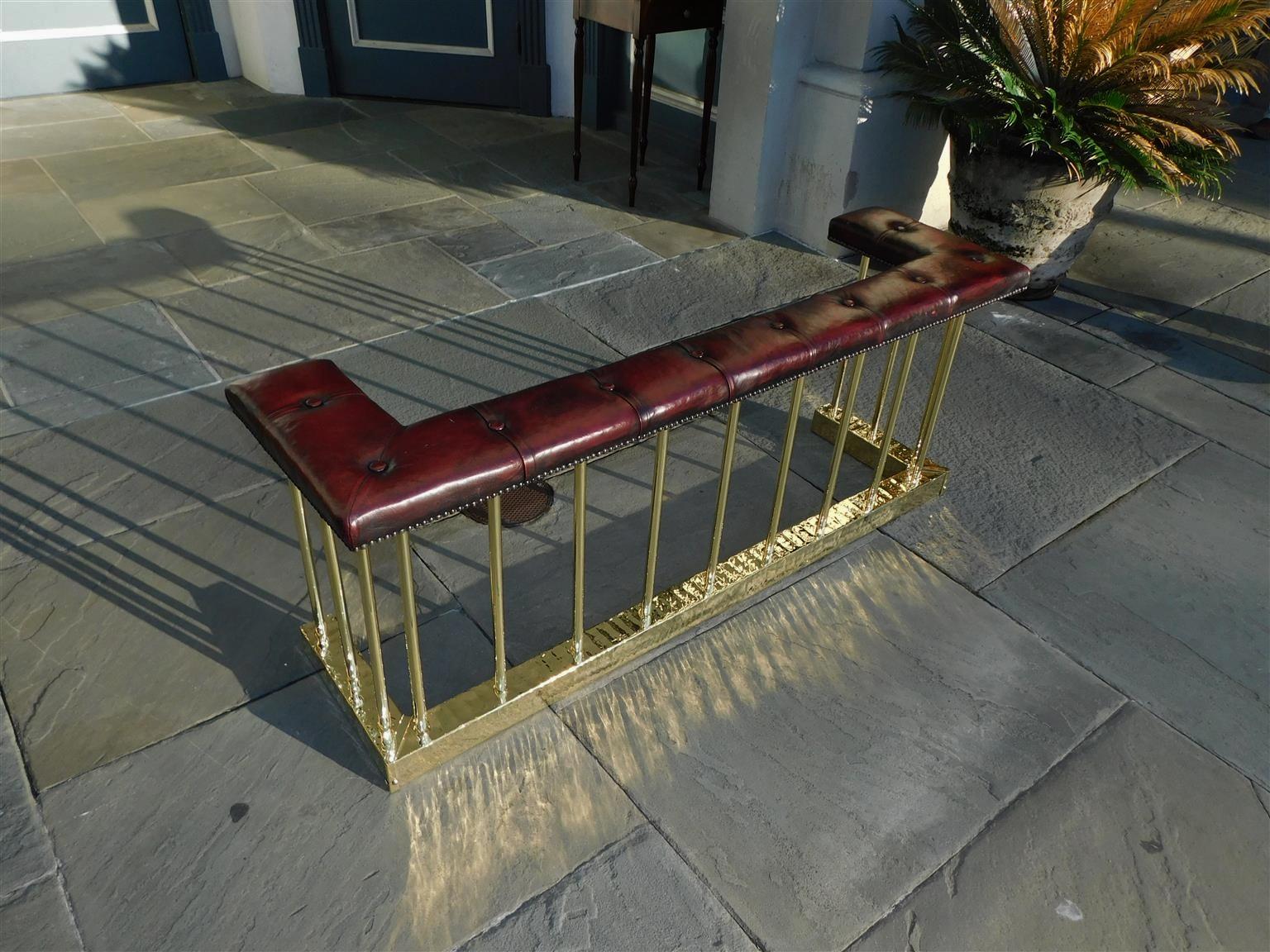 English Brass Gallery and Leather Tufted Club Fire Place Fender, Circa 1830 For Sale 2