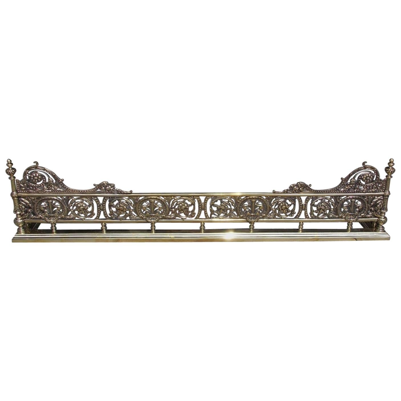 English Brass Gallery Foliage Fire Place Fender with Flanking Finials. C. 1820 For Sale