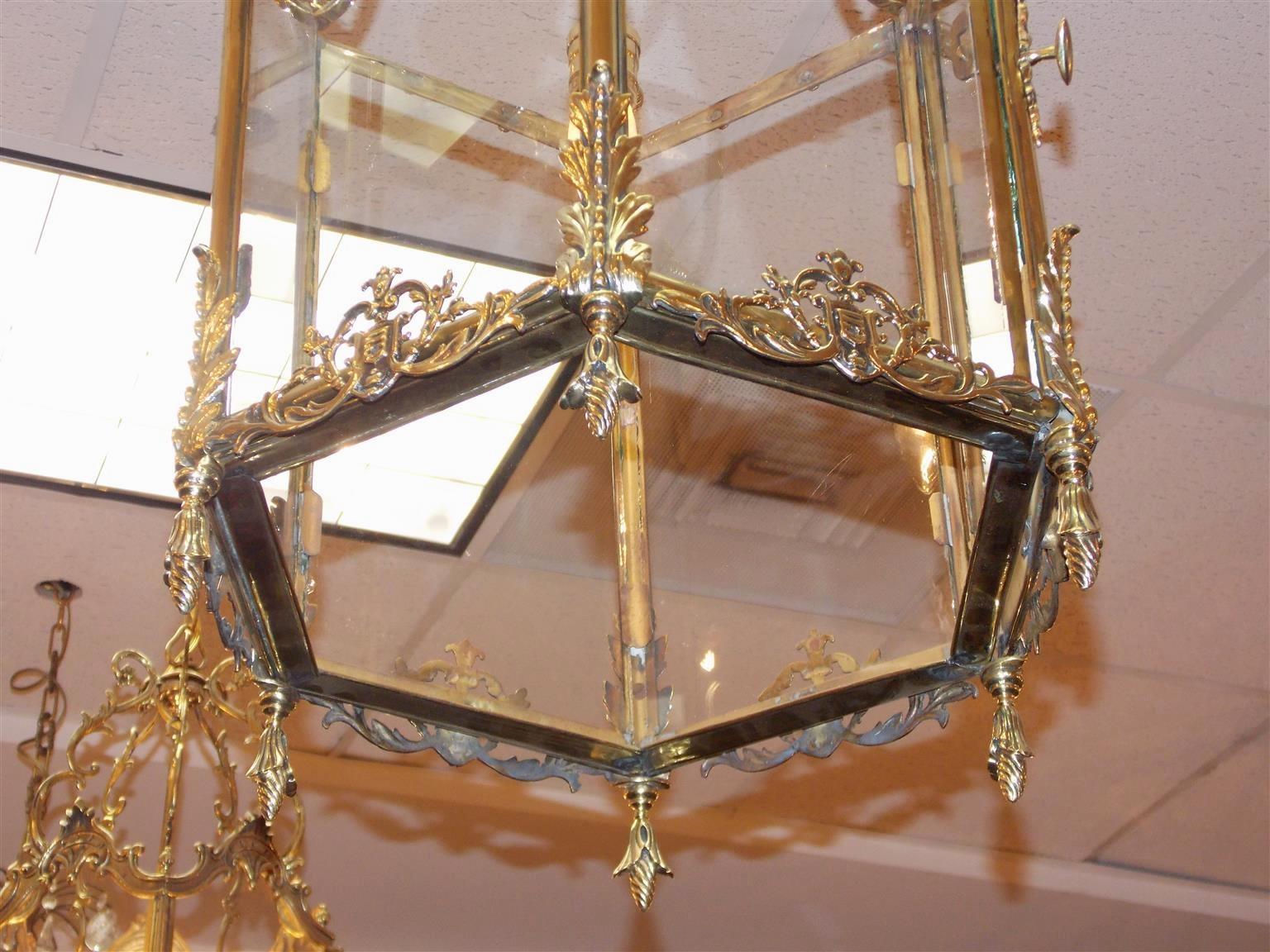 George III English Brass Hanging Beaded Hall Glass Lantern with Interior Light, Circa 1800 For Sale