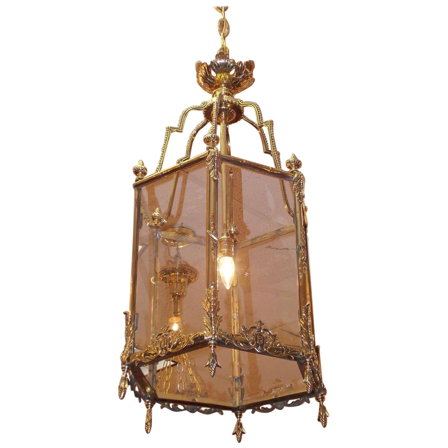 English Brass Hanging Beaded Hall Glass Lantern with Interior Light, Circa 1800 For Sale