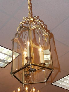 English Brass Floral Hanging Hall Glass Lantern with Interior Cluster, C. 1820