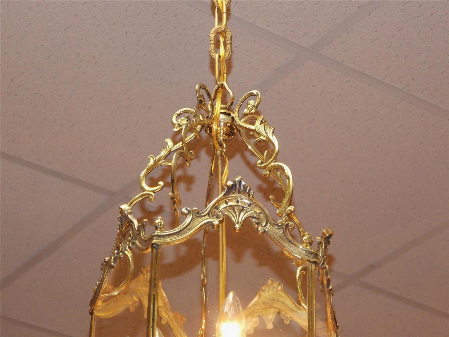 George IV English Brass Floral Hanging Hall Glass Lantern with Interior Cluster, C. 1820 For Sale