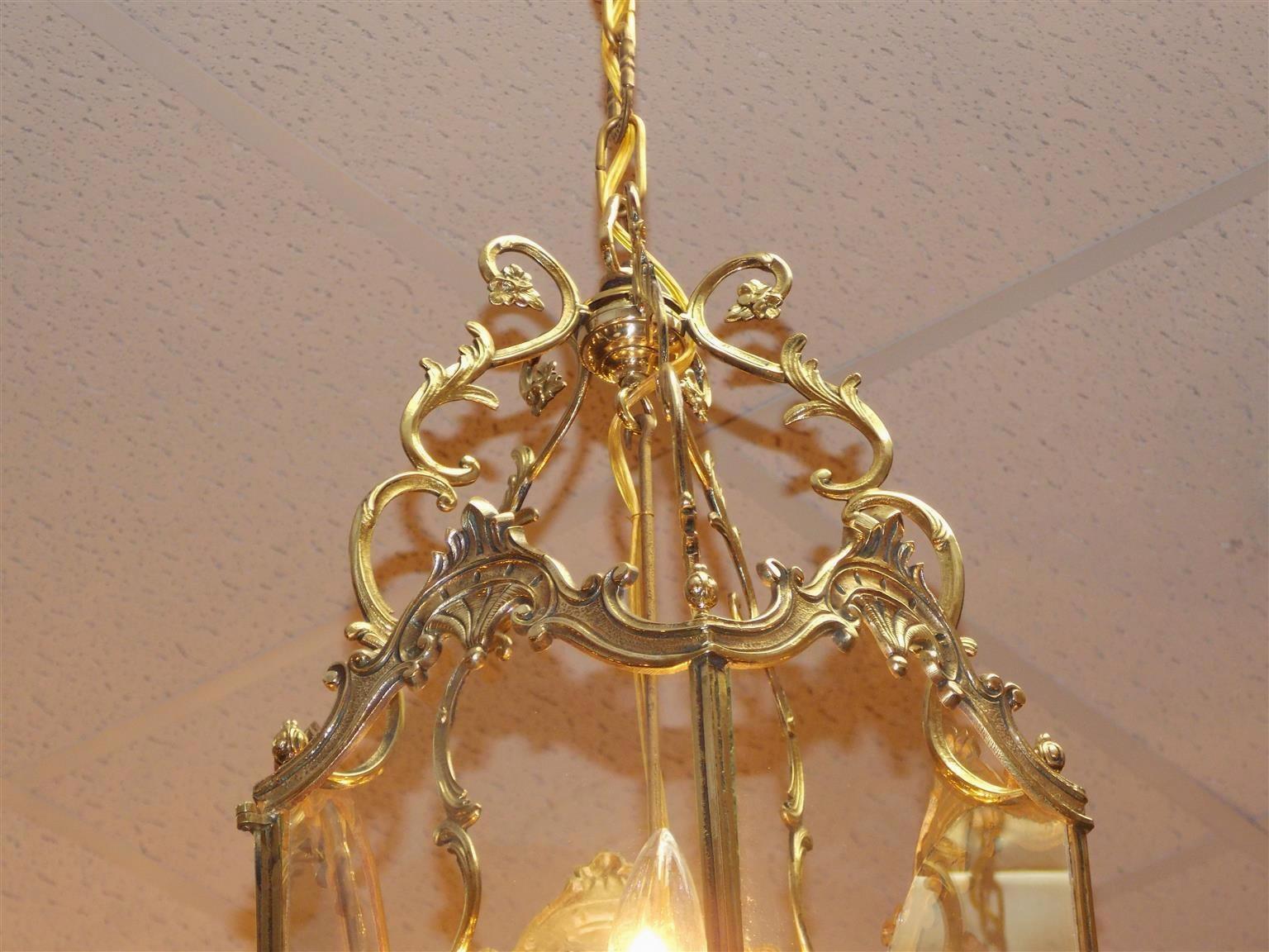 Cast English Brass Floral Hanging Hall Glass Lantern with Interior Cluster, C. 1820 For Sale