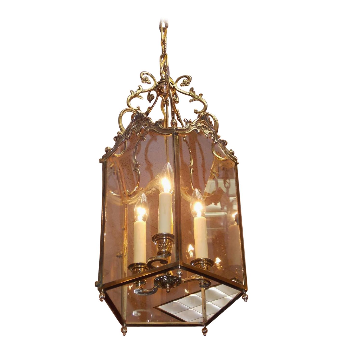English Brass Floral Hanging Hall Glass Lantern with Interior Cluster, C. 1820