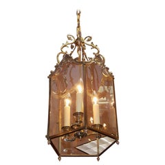 Antique English Brass Floral Hanging Hall Glass Lantern with Interior Cluster, C. 1820