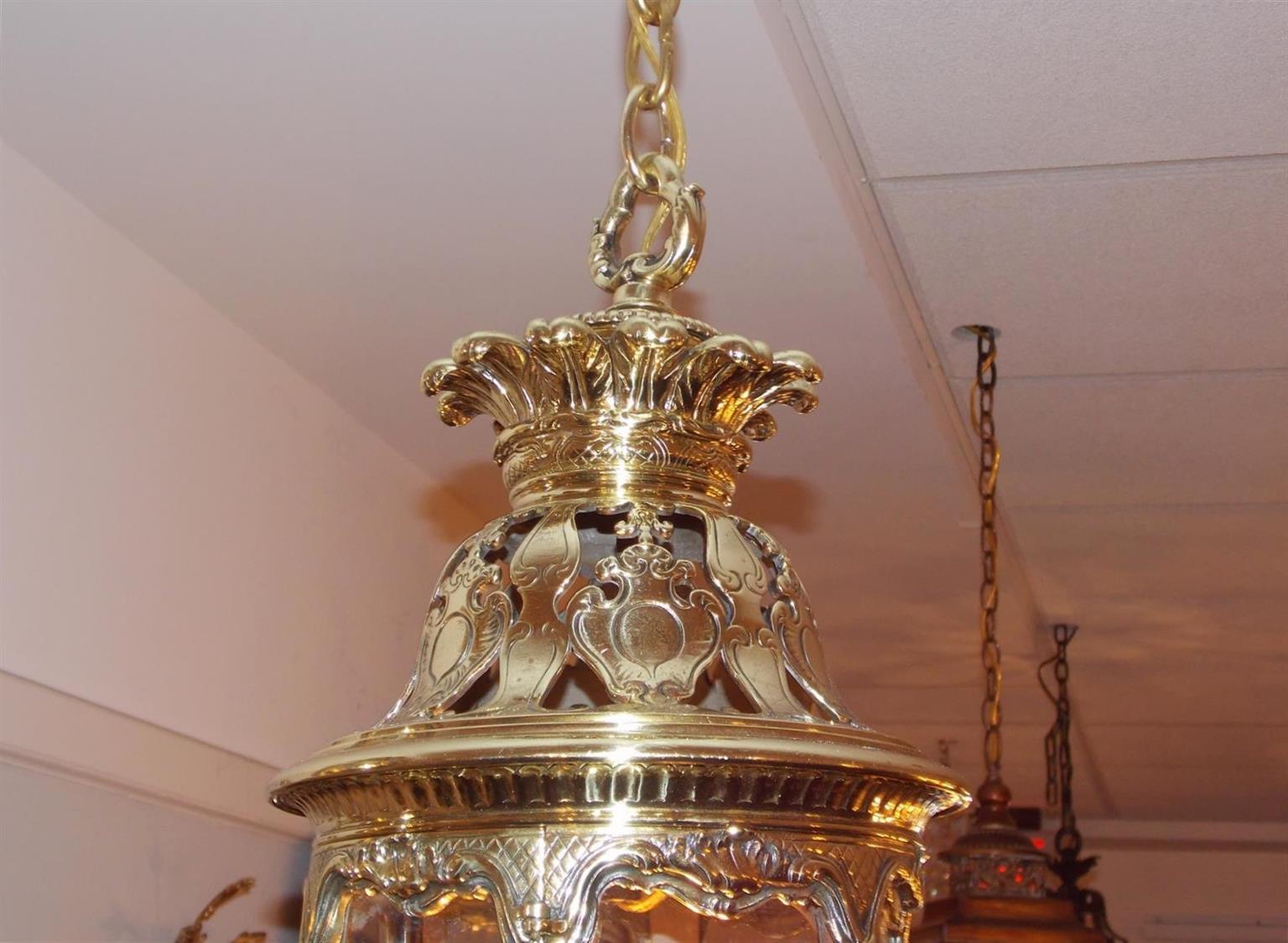 George IV English Brass Hexagon Decorative Dome and Glass Hanging Hall Lantern, Circa 1830 For Sale