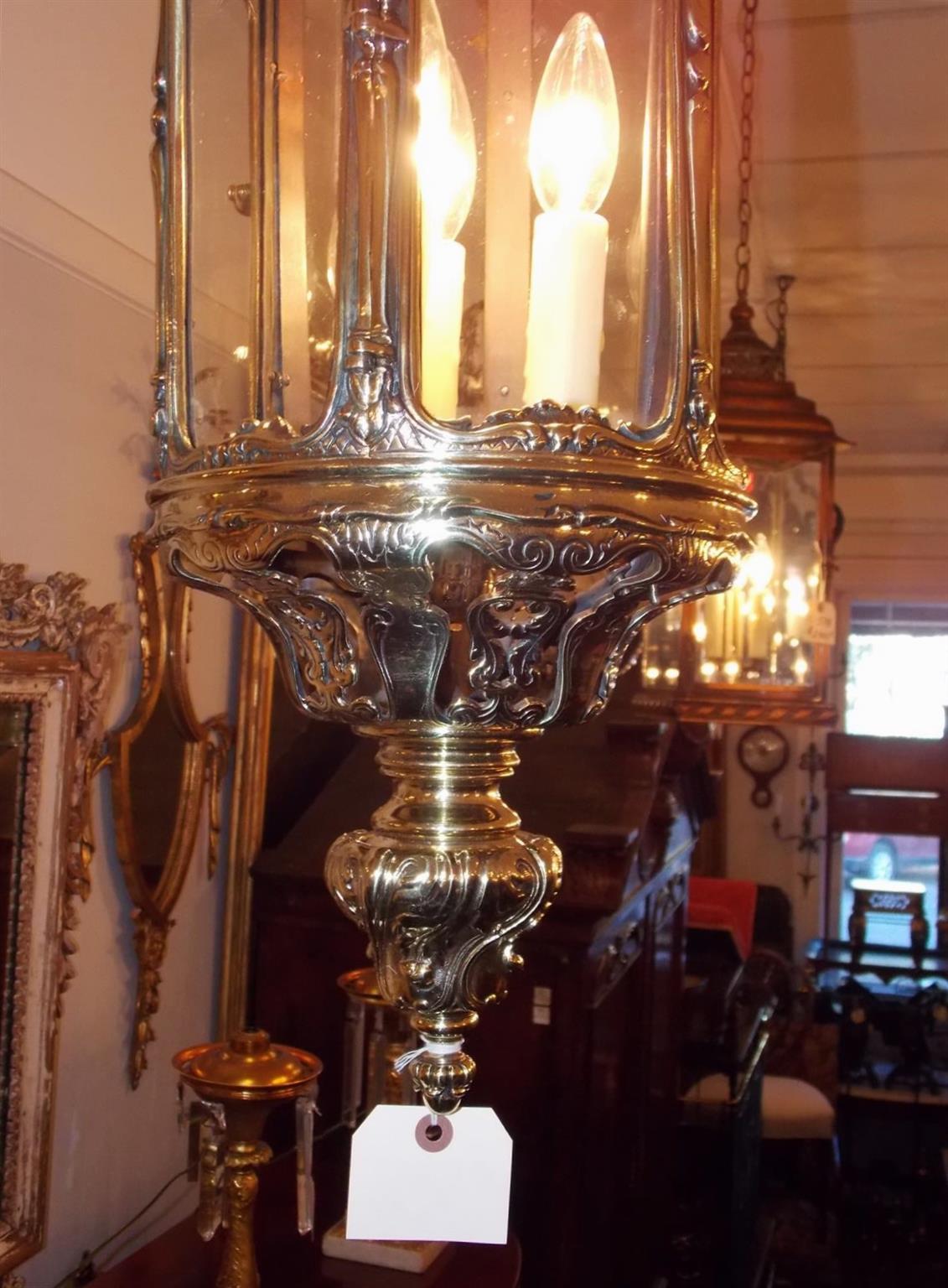 Sechseckige englische dekorative Hängelampe aus Messing und Glas für die Flur, um 1830 im Zustand „Hervorragend“ im Angebot in Hollywood, SC