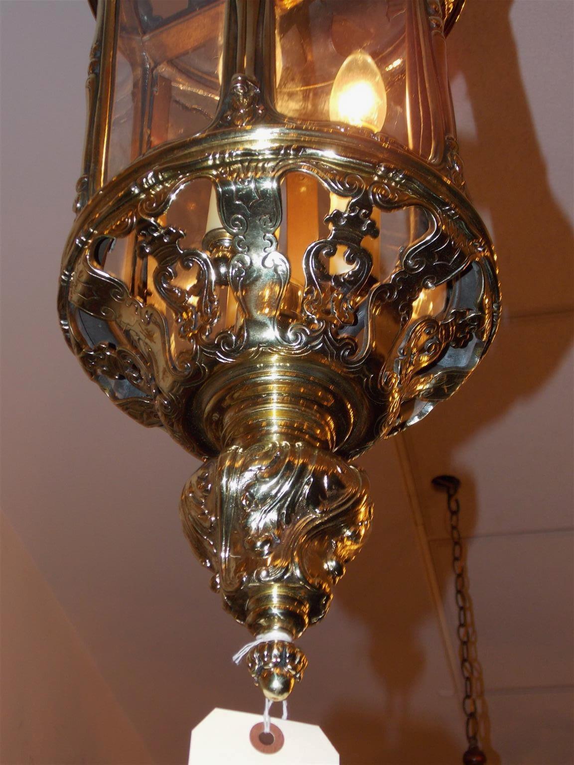 English Brass Hexagon Decorative Dome and Glass Hanging Hall Lantern, Circa 1830 For Sale 2