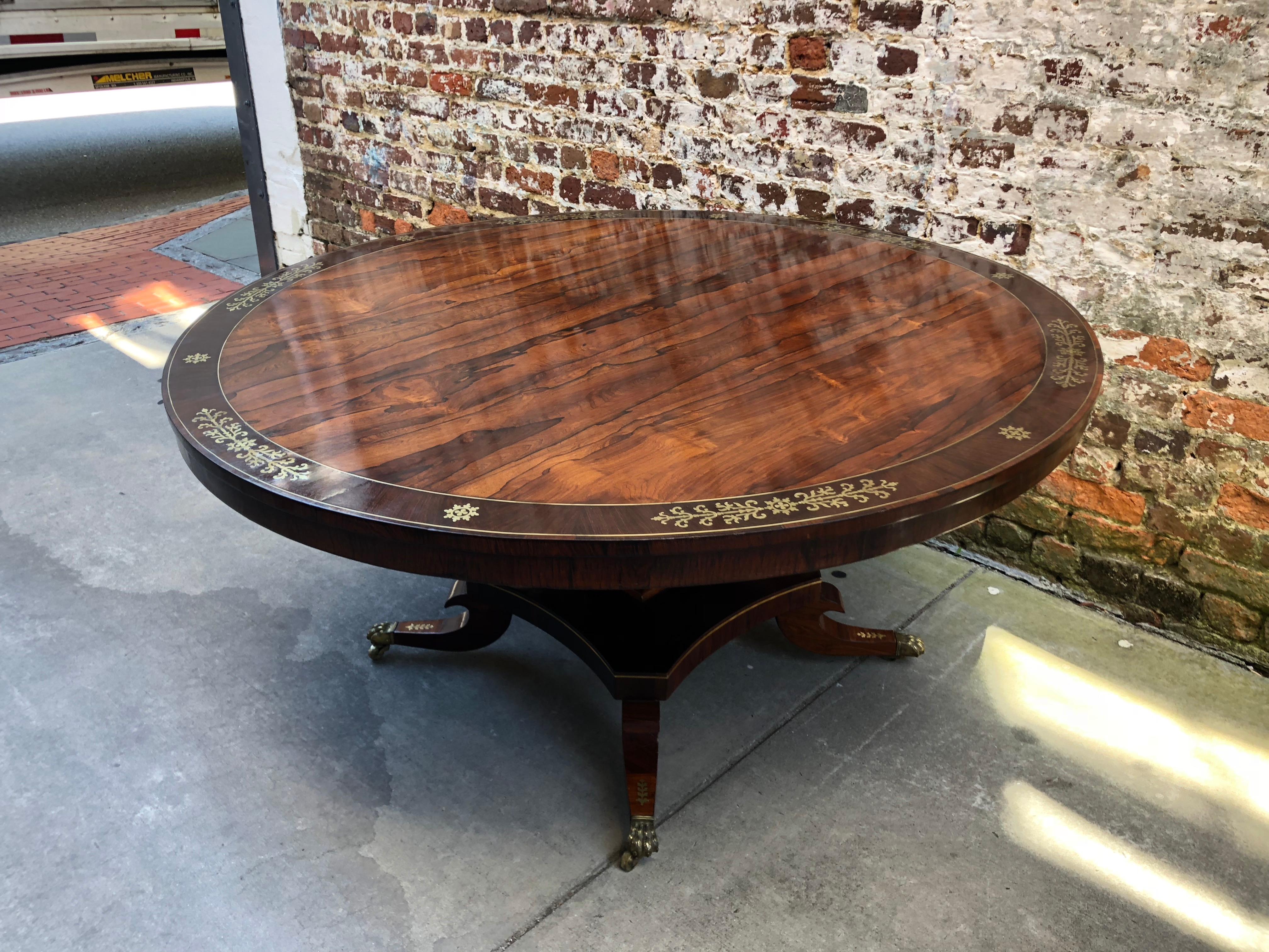 English Brass Inlaid Rosewood Center or Dining Table, circa 1830 1