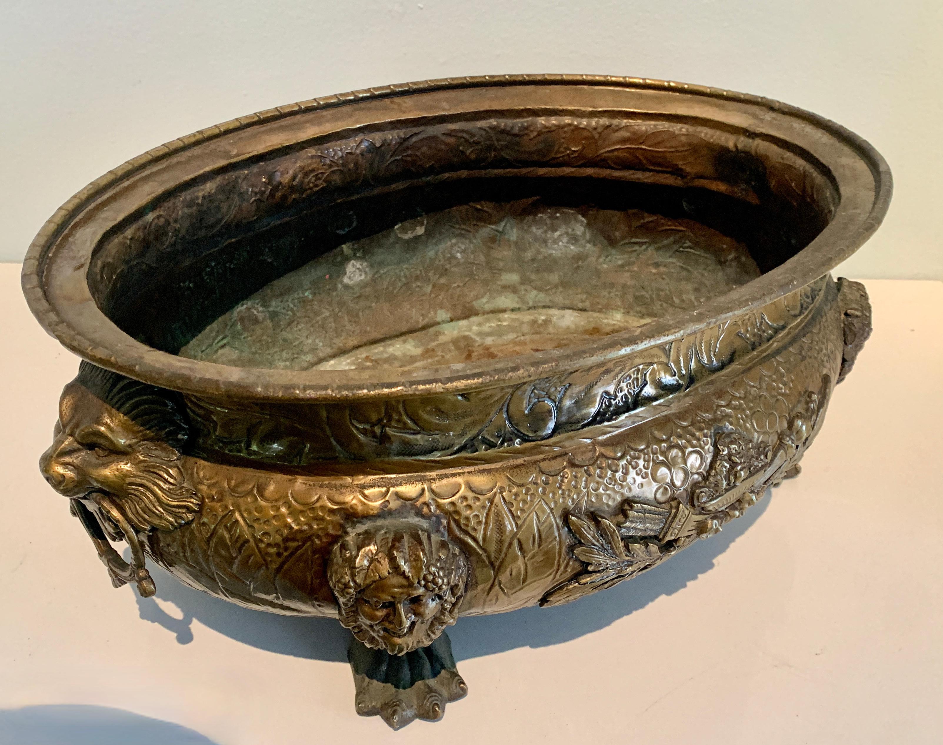 English Brass Jardiniere with Lions Heads, Rings and Paw Feet Details 2