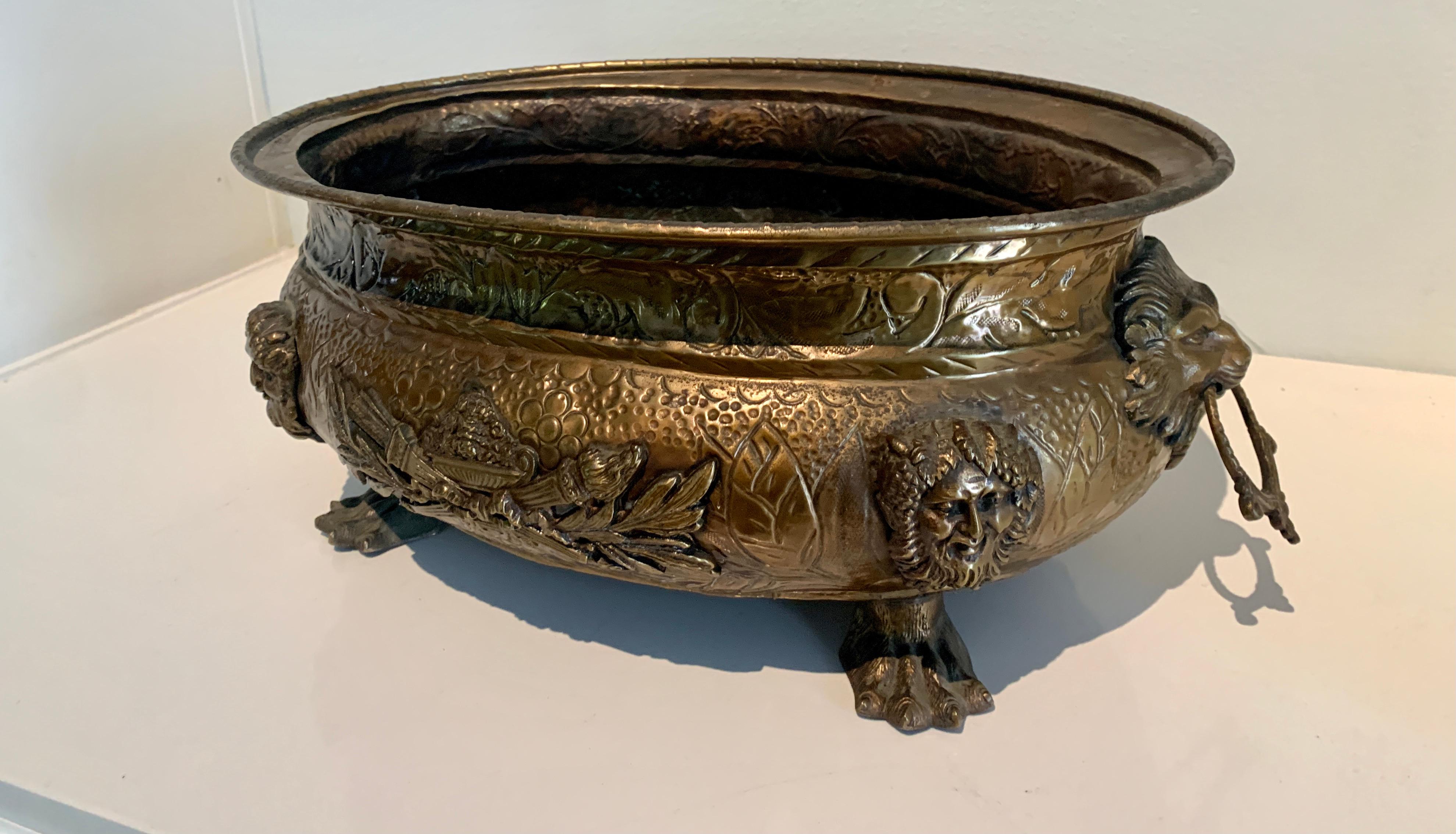 English Brass Jardiniere with Lions Heads, Rings and Paw Feet Details For Sale 3