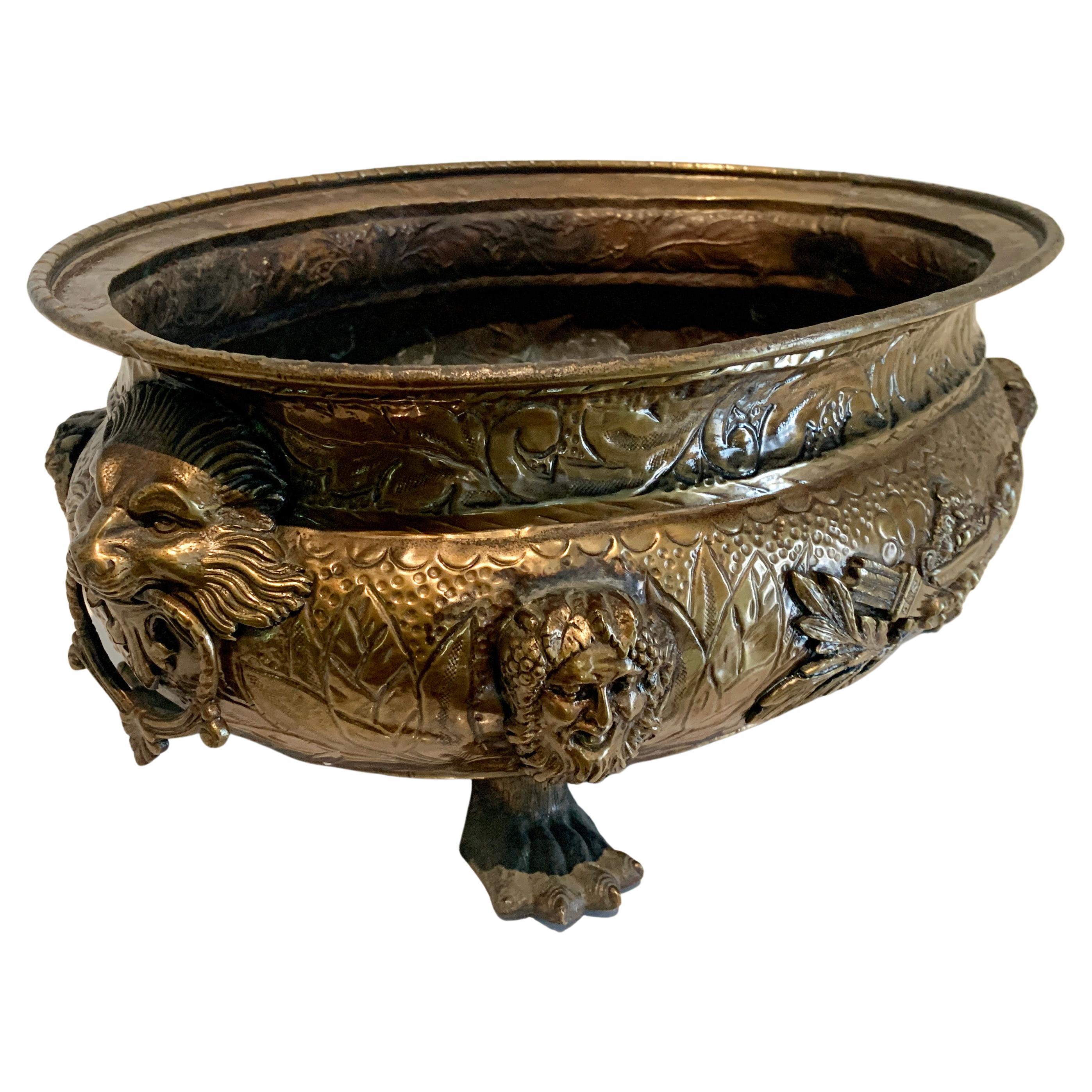 English Brass Jardiniere with Lions Heads, Rings and Paw Feet Details For Sale