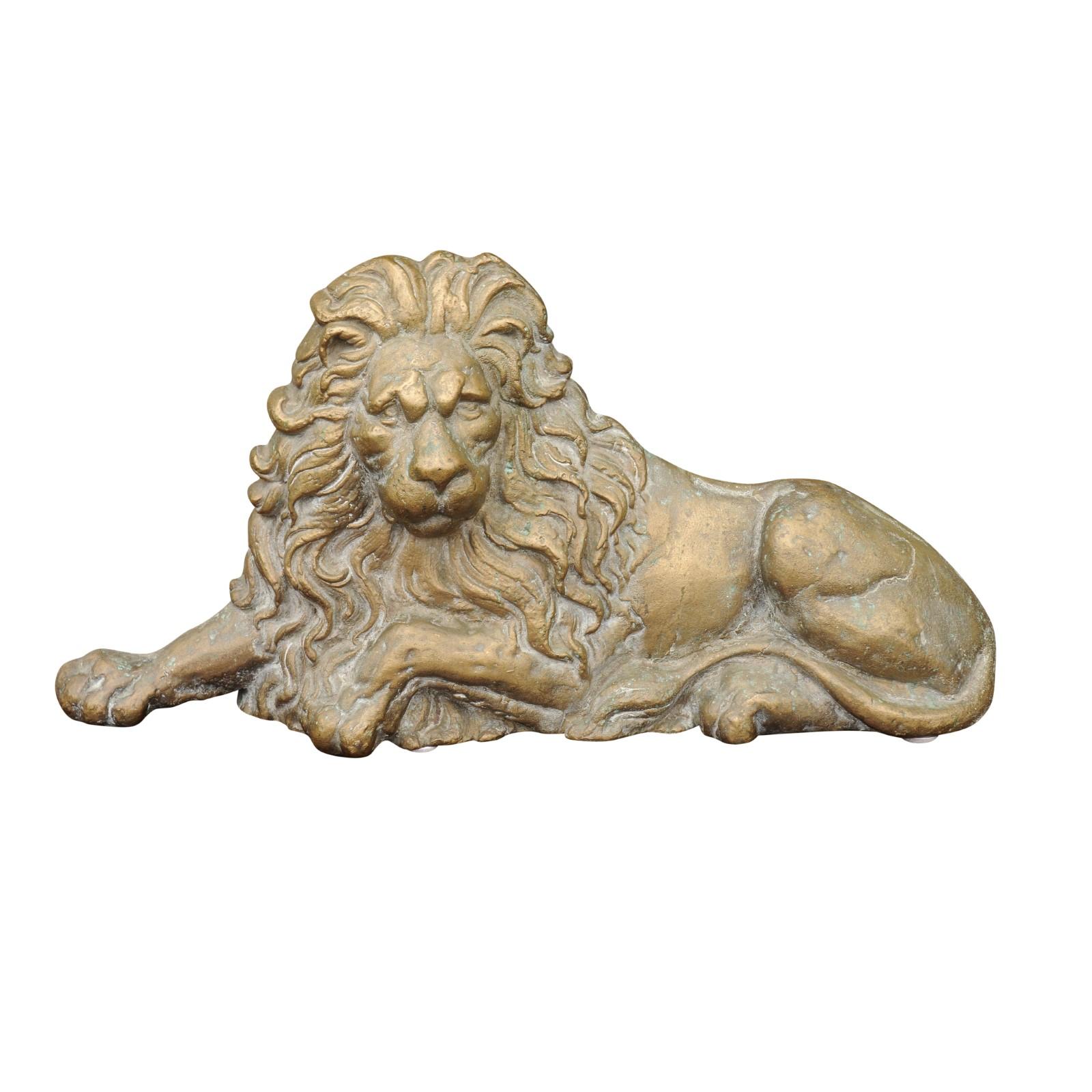 English Brass Lion Sculpture from the Late 19th Century in Reclining Position For Sale