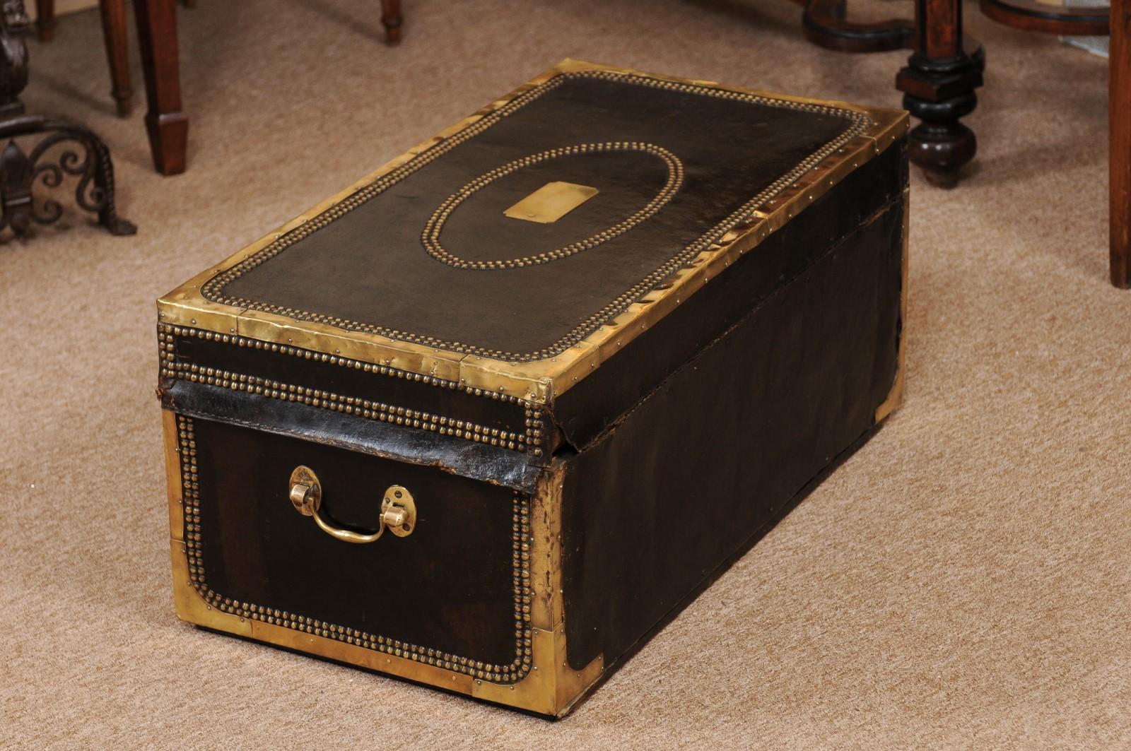 English Brass Mounted and Studded Black Leather Trunk, Mid-19th Century 7