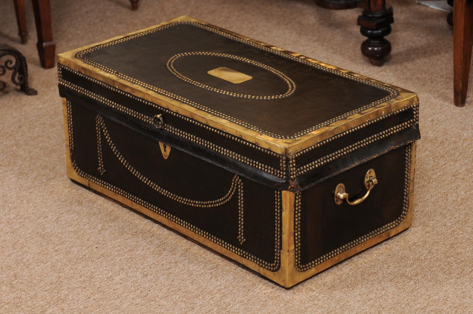 English Brass Mounted and Studded Black Leather Trunk, Mid-19th Century 8