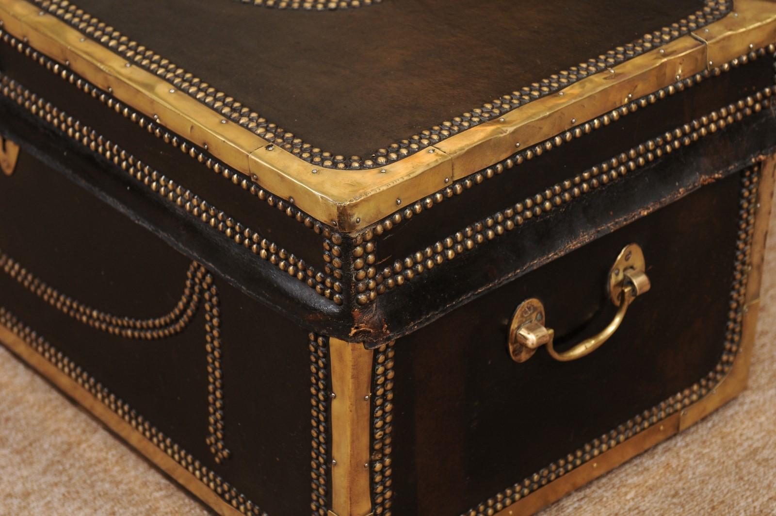 English Brass Mounted and Studded Black Leather Trunk, Mid-19th Century 9