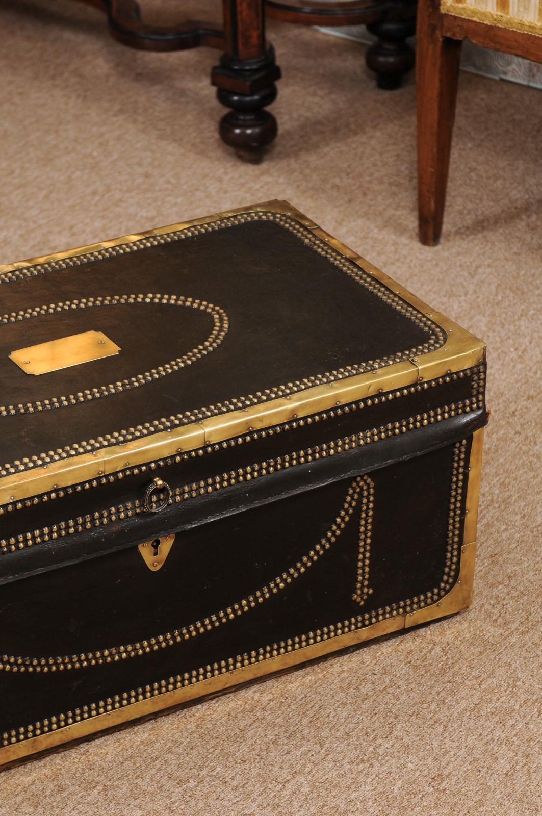 English Brass Mounted and Studded Black Leather Trunk, Mid-19th Century 1