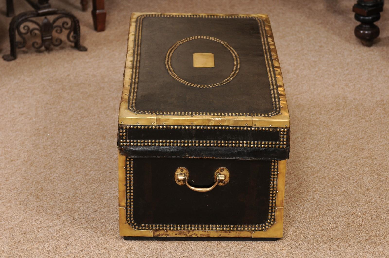 English Brass Mounted and Studded Black Leather Trunk, Mid-19th Century 5