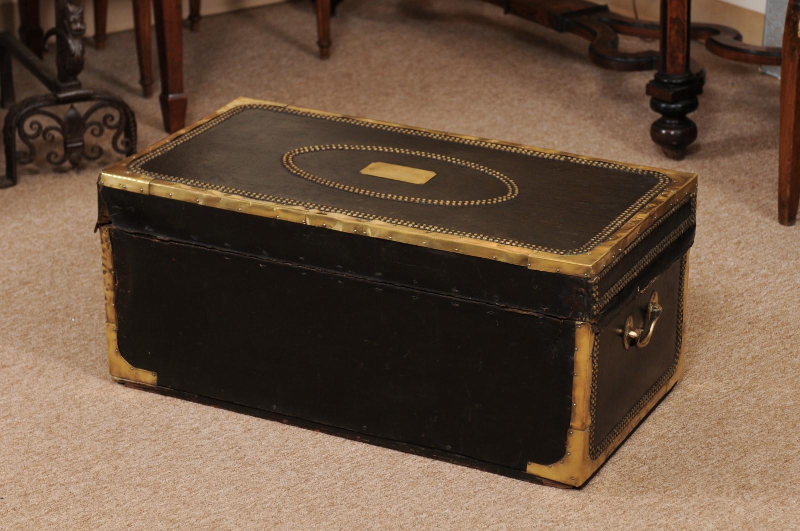 English Brass Mounted and Studded Black Leather Trunk, Mid-19th Century 6