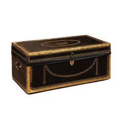 English Brass Mounted and Studded Black Leather Trunk, Mid-19th Century