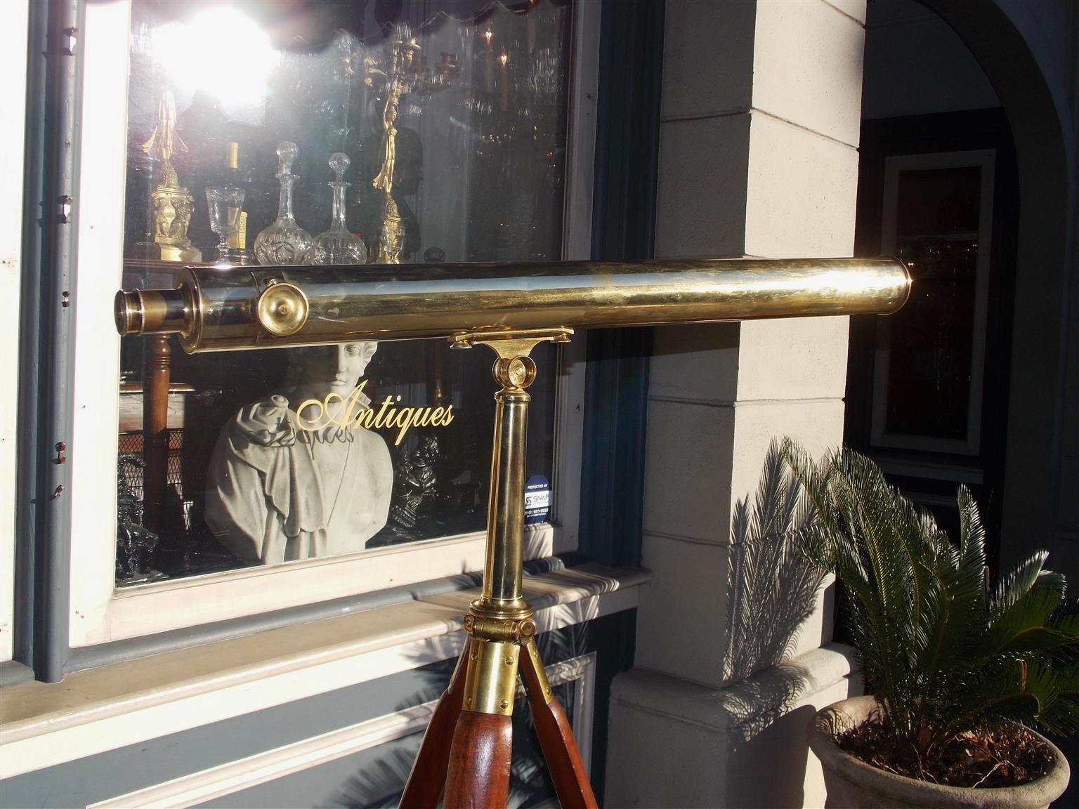 Hand-Carved English Brass Mounted Telescope on Walnut Tripod Stand with Case, Circa 1870