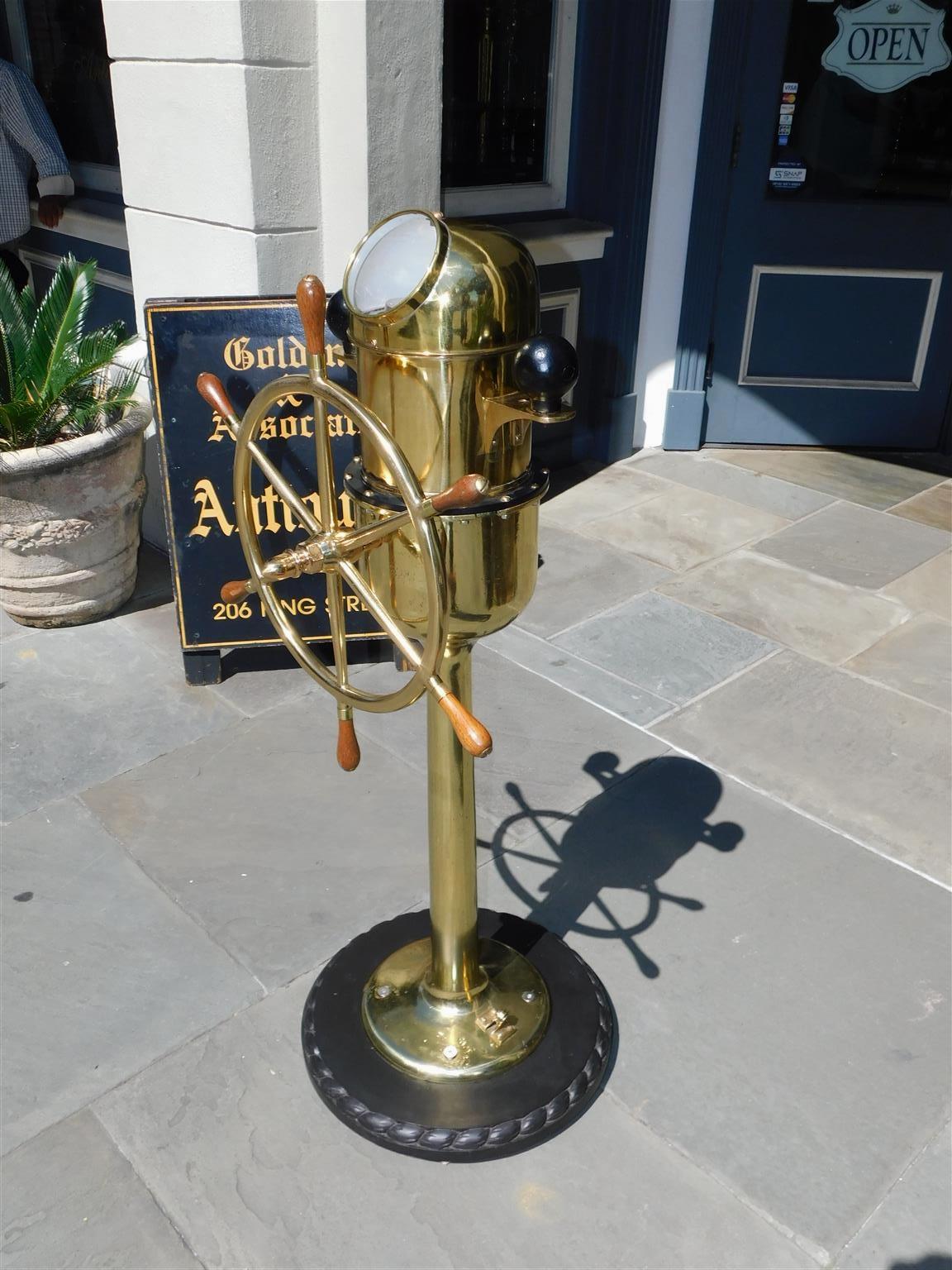 William IV English Brass Nautical Ship Wheel Mounted with Yacht Binnacle on Rope Base, 1870 For Sale