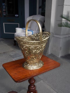 English Brass Navette Form Coal Hod with Flanking Unicorn & Lion Crest. C. 1850