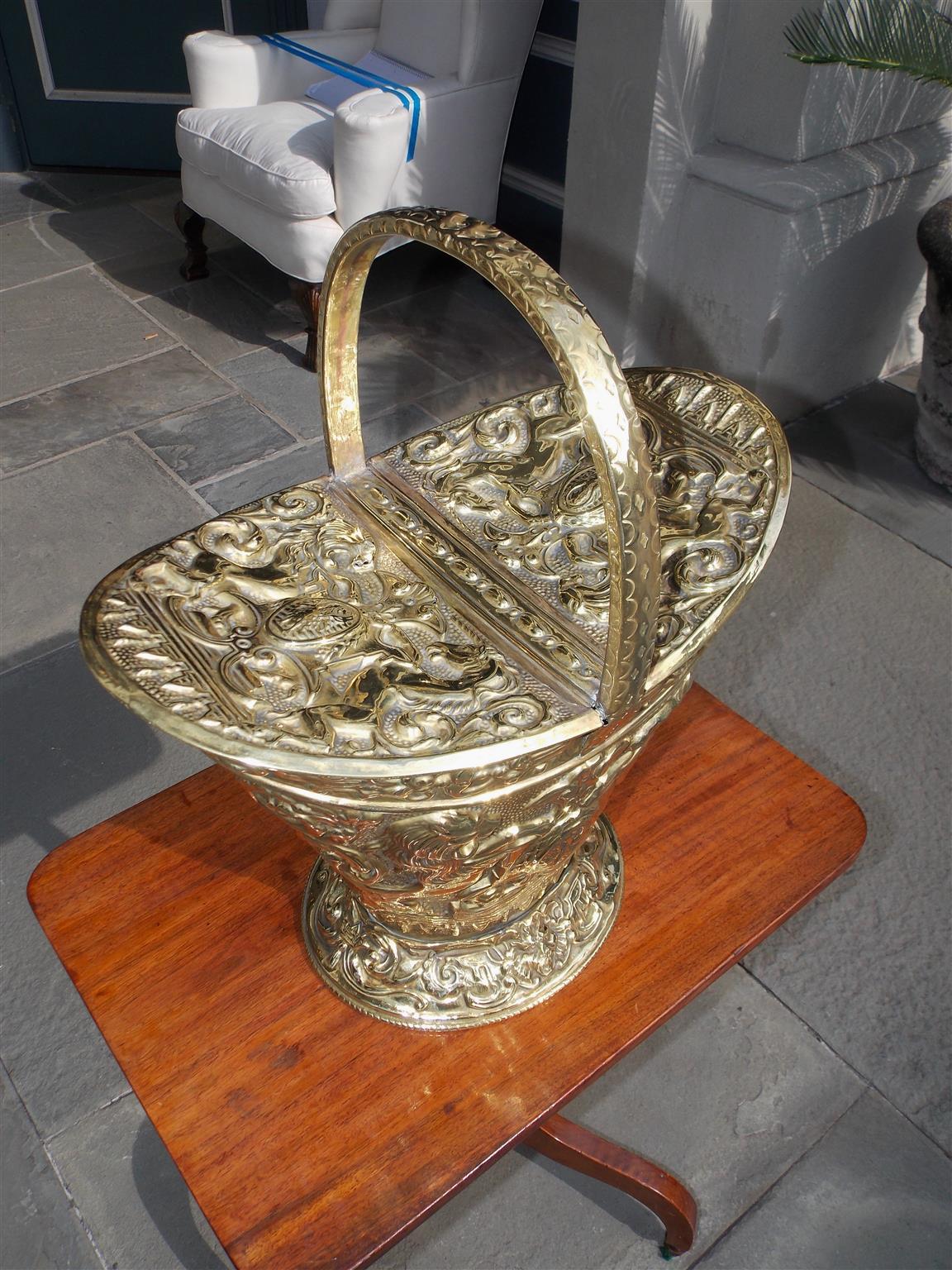 Mid-19th Century English Brass Navette Form Coal Hod with Flanking Unicorn & Lion Crest. C. 1850 For Sale