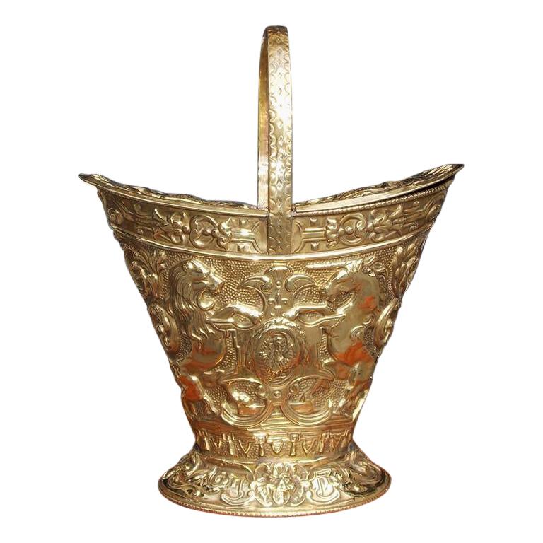 English Brass Navette Form Coal Hod with Flanking Unicorn & Lion Crest. C. 1850 For Sale