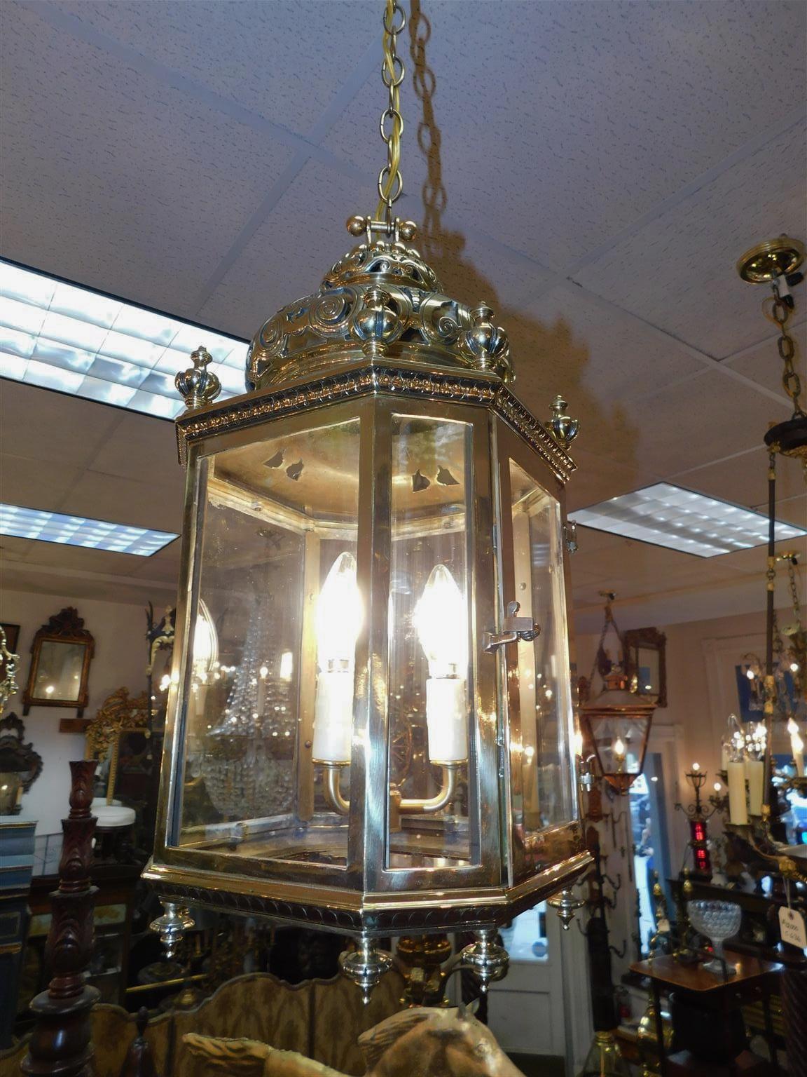 George III English Brass Octagon Decorative Chased Dome Glass Hall Lantern, Circa 1820 For Sale