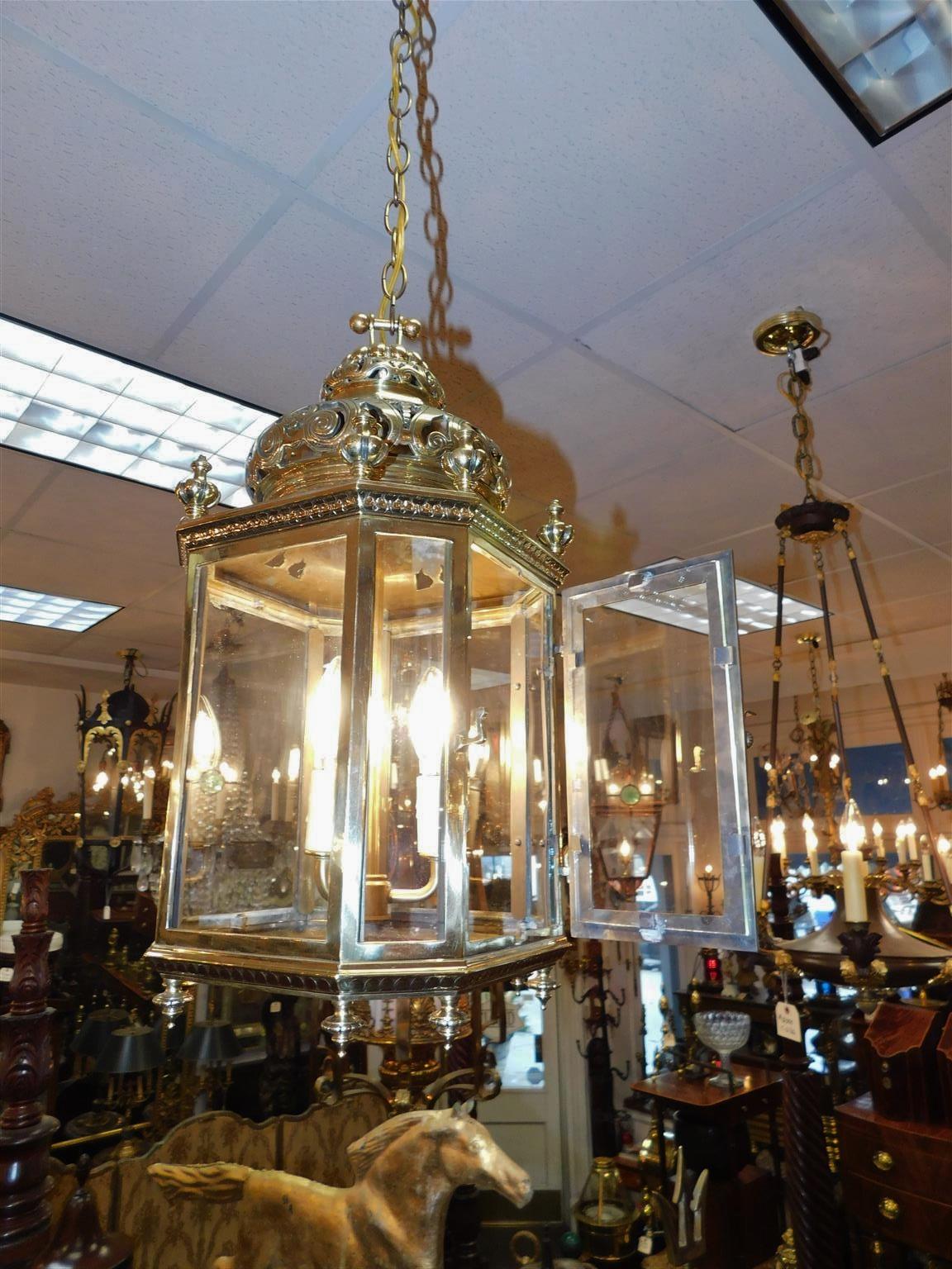 Early 19th Century English Brass Octagon Decorative Chased Dome Glass Hall Lantern, Circa 1820 For Sale