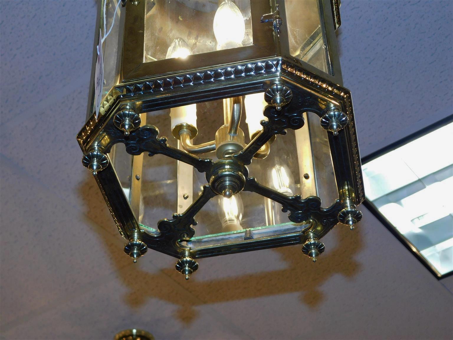English Brass Octagon Decorative Chased Dome Glass Hall Lantern, Circa 1820 For Sale 2