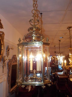 English Brass Octagon Decorative Dome and Beveled Glass Hall Lantern, Circa 1820