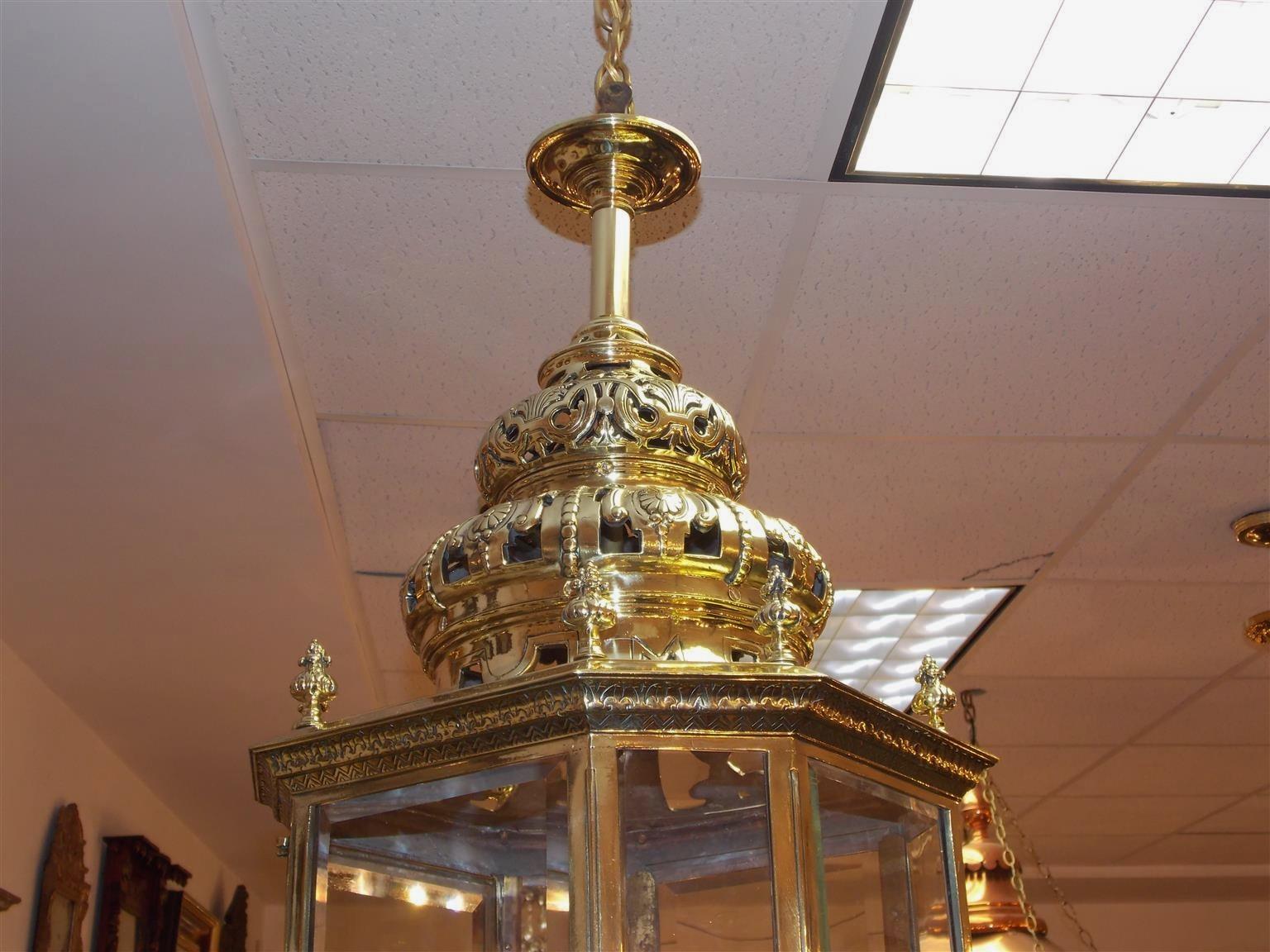 English Brass Octagon Decorative Dome and Beveled Glass Hall Lantern, Circa 1820 (George III.)
