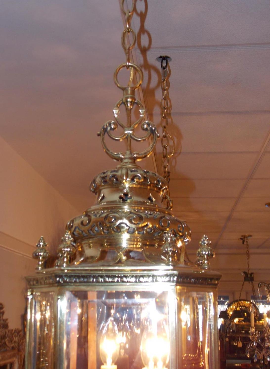 English Brass Octagon Decorative Dome and Beveled Glass Hall Lantern, Circa 1820 (George IV.)