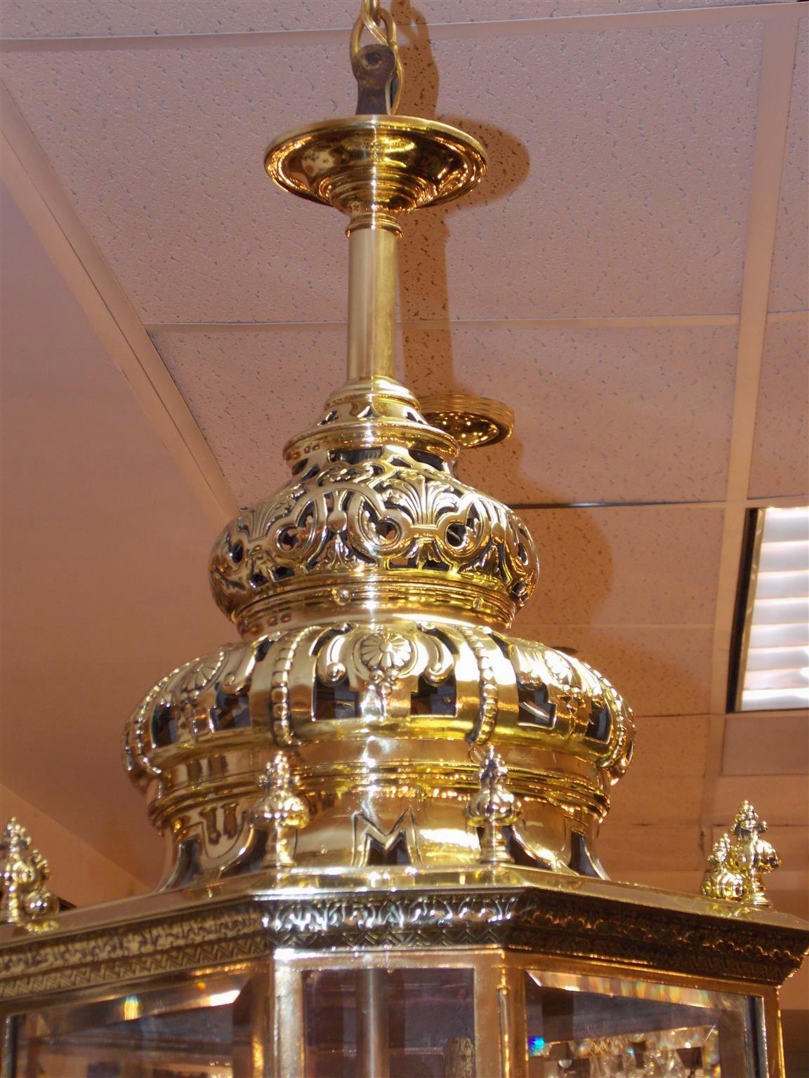Cast English Brass Octagon Decorative Dome and Beveled Glass Hall Lantern, Circa 1820