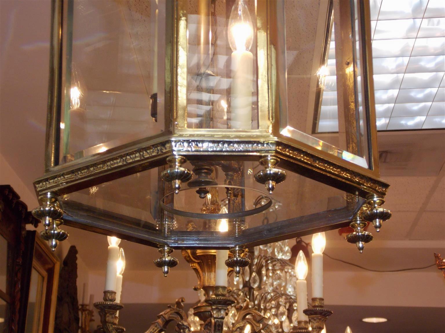 English Brass Octagon Decorative Dome and Beveled Glass Hall Lantern, Circa 1820 In Excellent Condition In Hollywood, SC