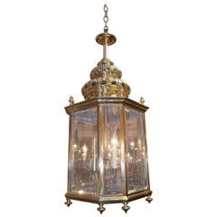 Antique English Brass Octagon Decorative Dome and Beveled Glass Hall Lantern, Circa 1820