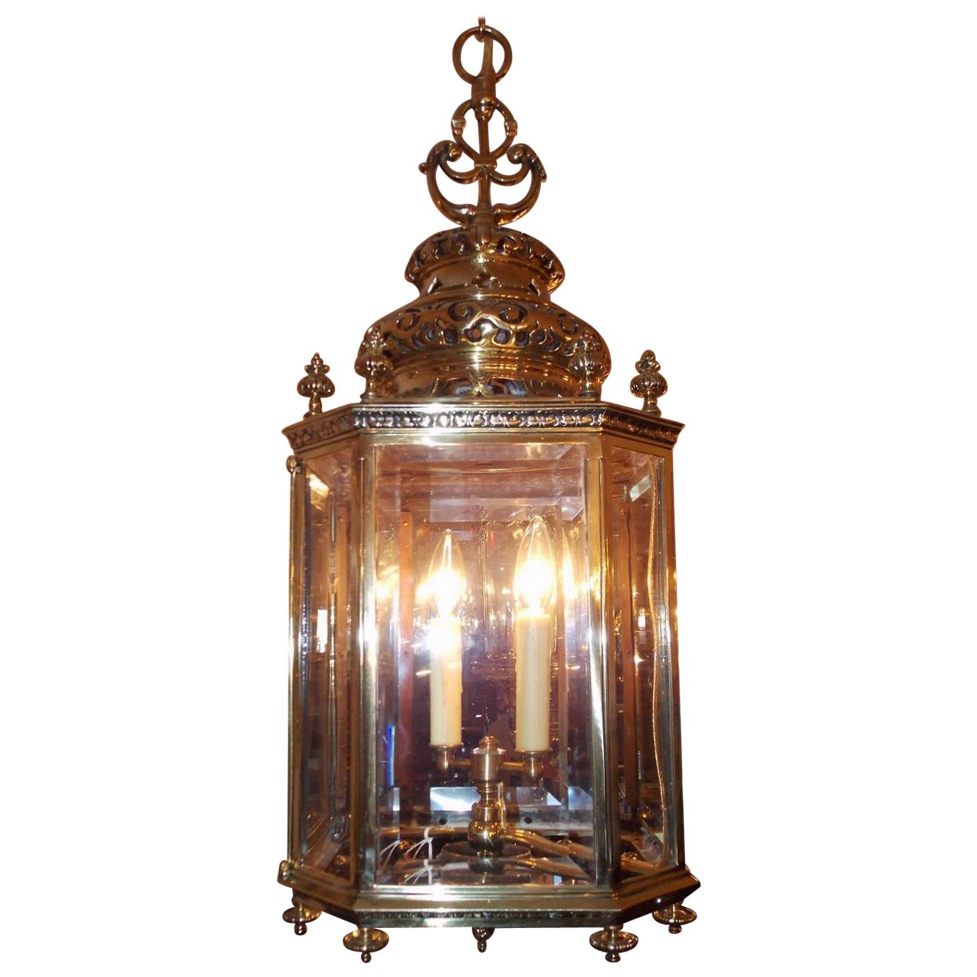 English Brass Octagon Decorative Dome and Beveled Glass Hall Lantern, Circa 1820